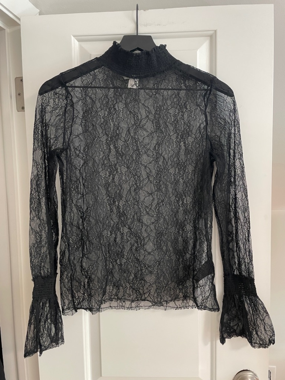 H&M Black Sheer Lace Mock-Neck Blouse with Flared Cuffs
